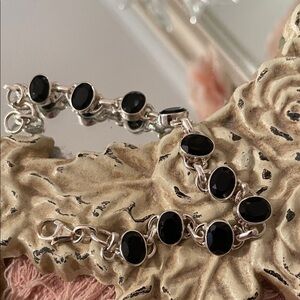 Elegant Black faceted Crystal Sterling Silver Bracelet with lobster claw closure